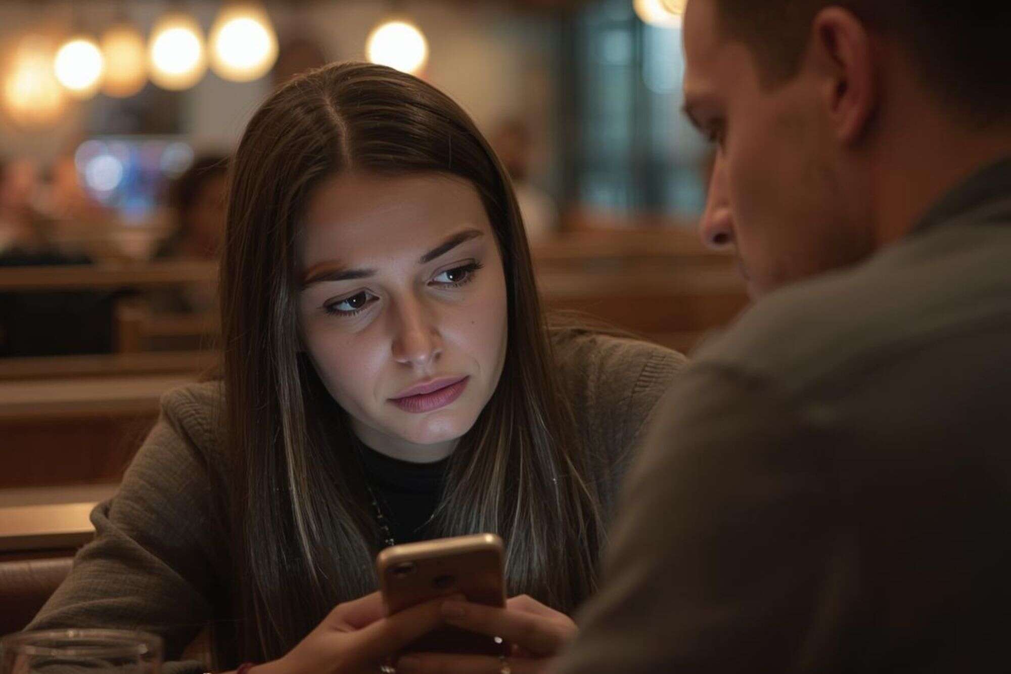 A woman looking thoughtfully while on her phone, representing the natural shifts in attention and "time blindness" associated with adult ADHD.