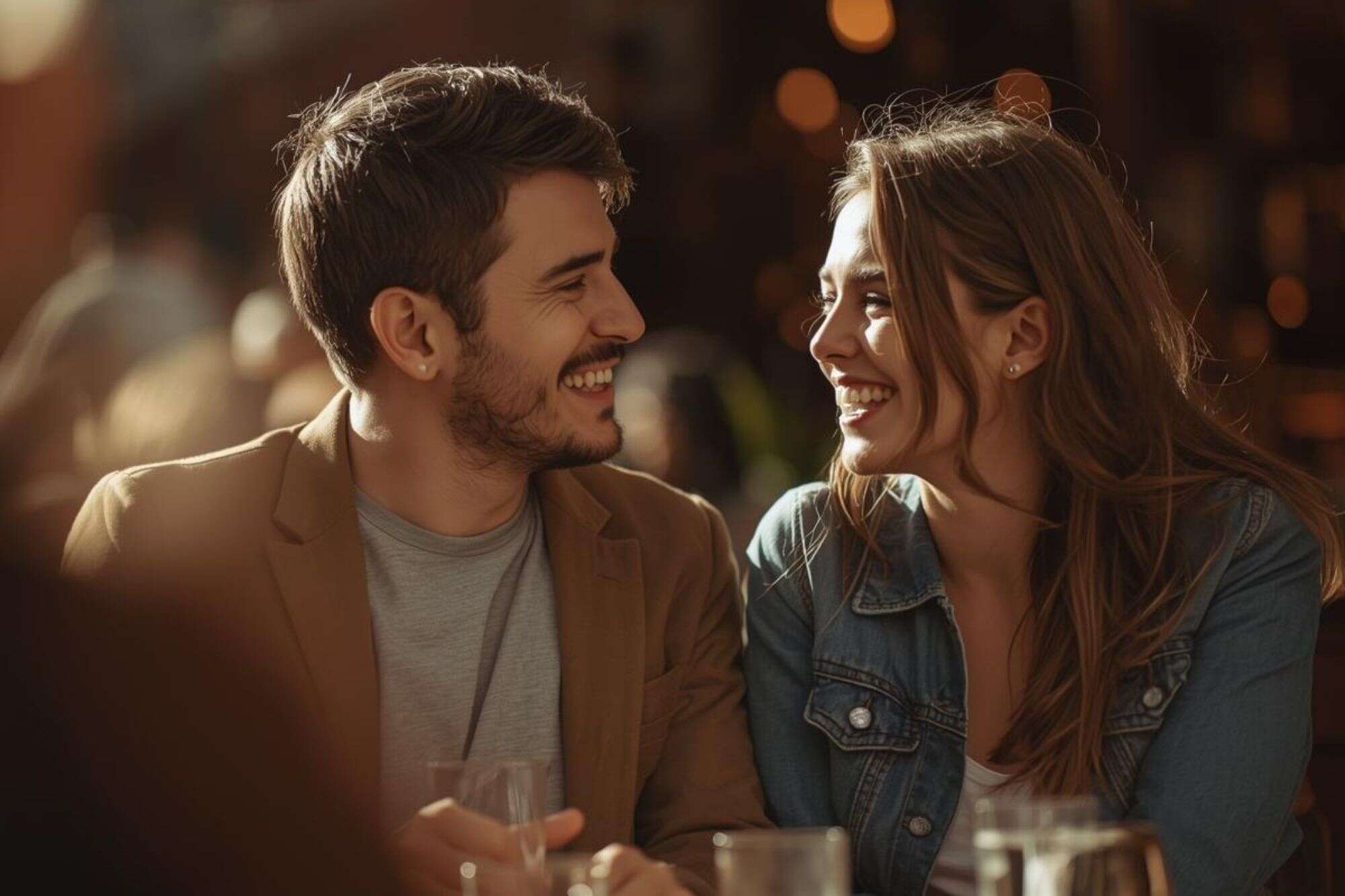 A couple engaged in a fast-paced, animated conversation at an outdoor cafe, showing the intensity of hyperfocus during the early dating phase.