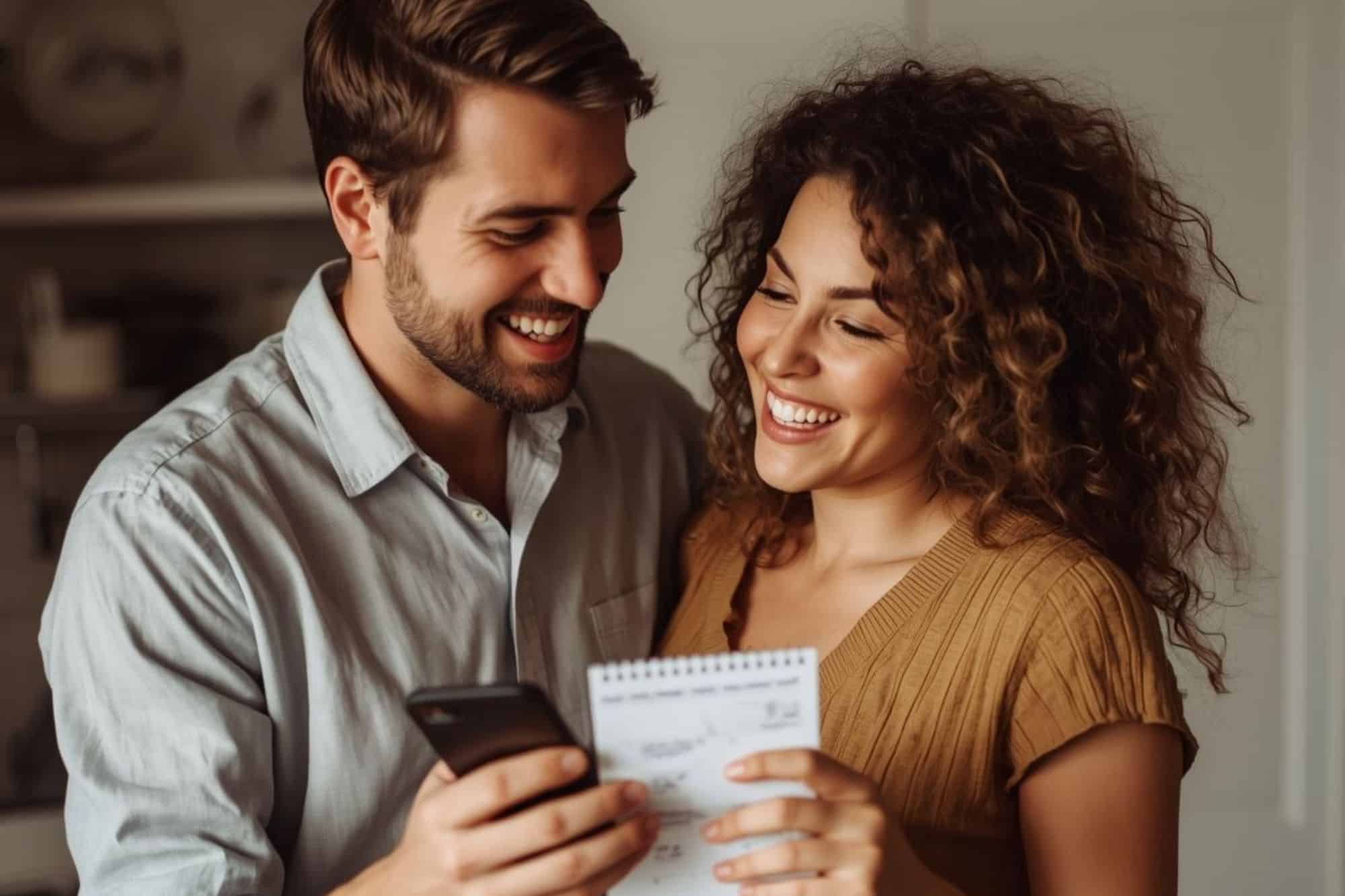 A couple looking at a calendar together, representing healthy structure and organization in a relationship.