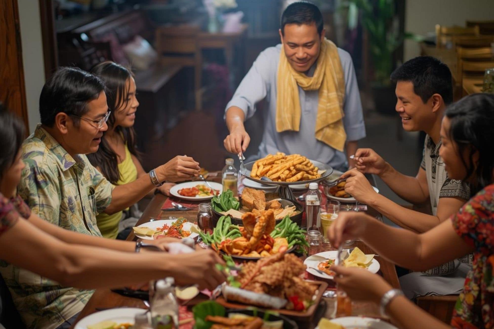 A multi-generational Filipino family gathering around a table to share a meal, illustrating the central role family plays in daily life.