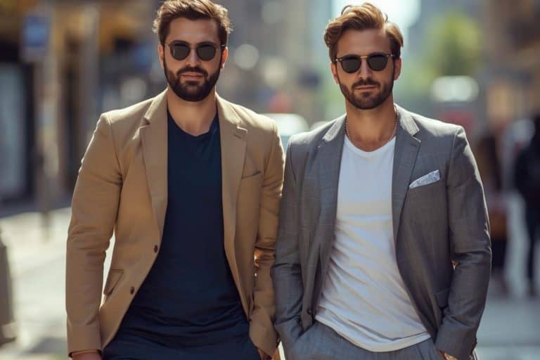 Two confident men walking through a city,