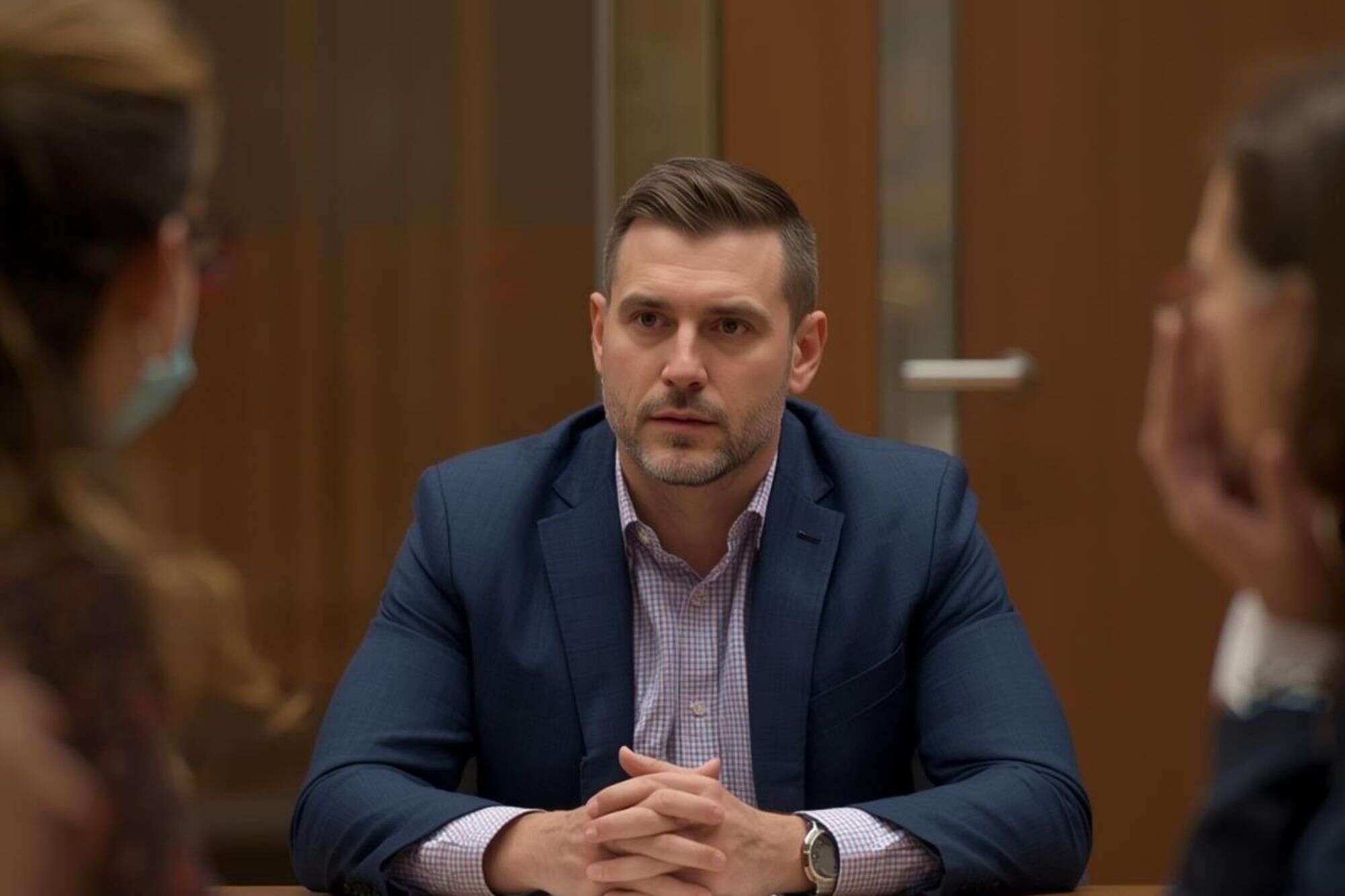 A confident man leading a group discussion in a professional setting, illustrating the Alpha male's natural social influence and leadership.