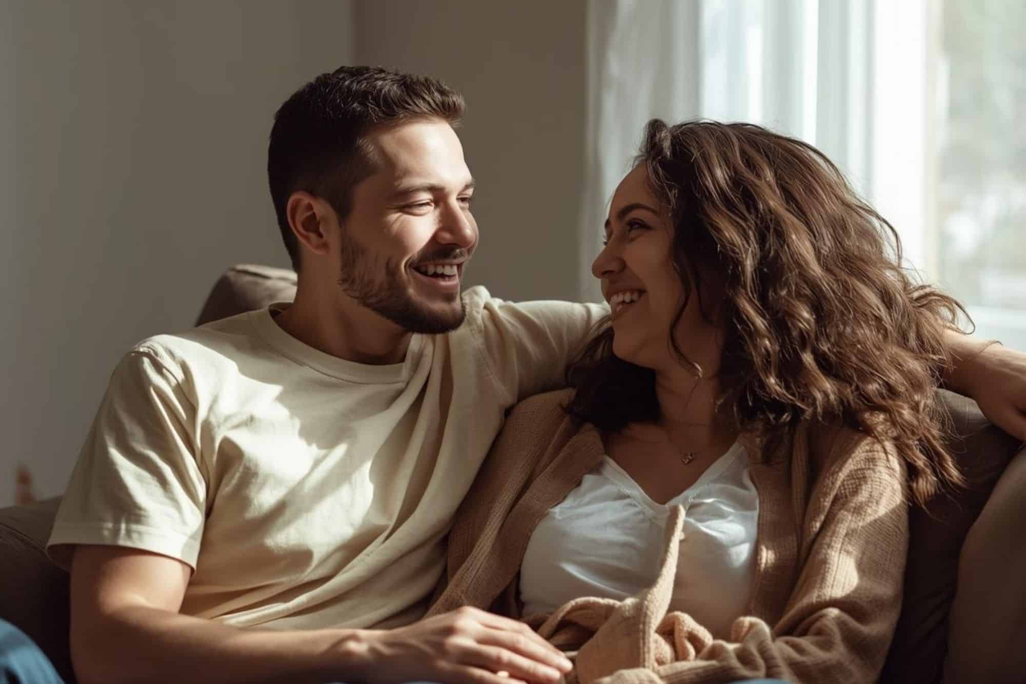 A couple sharing an authentic moment, showing the magnetic attraction and grounded presence found in healthy masculine archetypes.