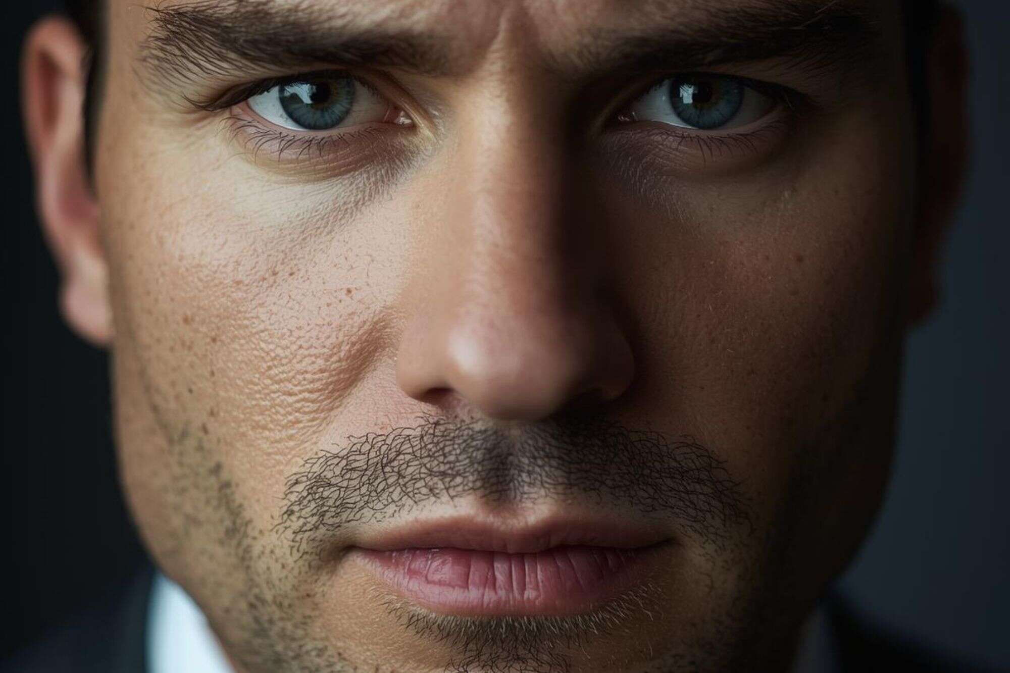 A close-up portrait of a man with a calm, focused expression, representing the strategic and composed way high-value men handle conflict.