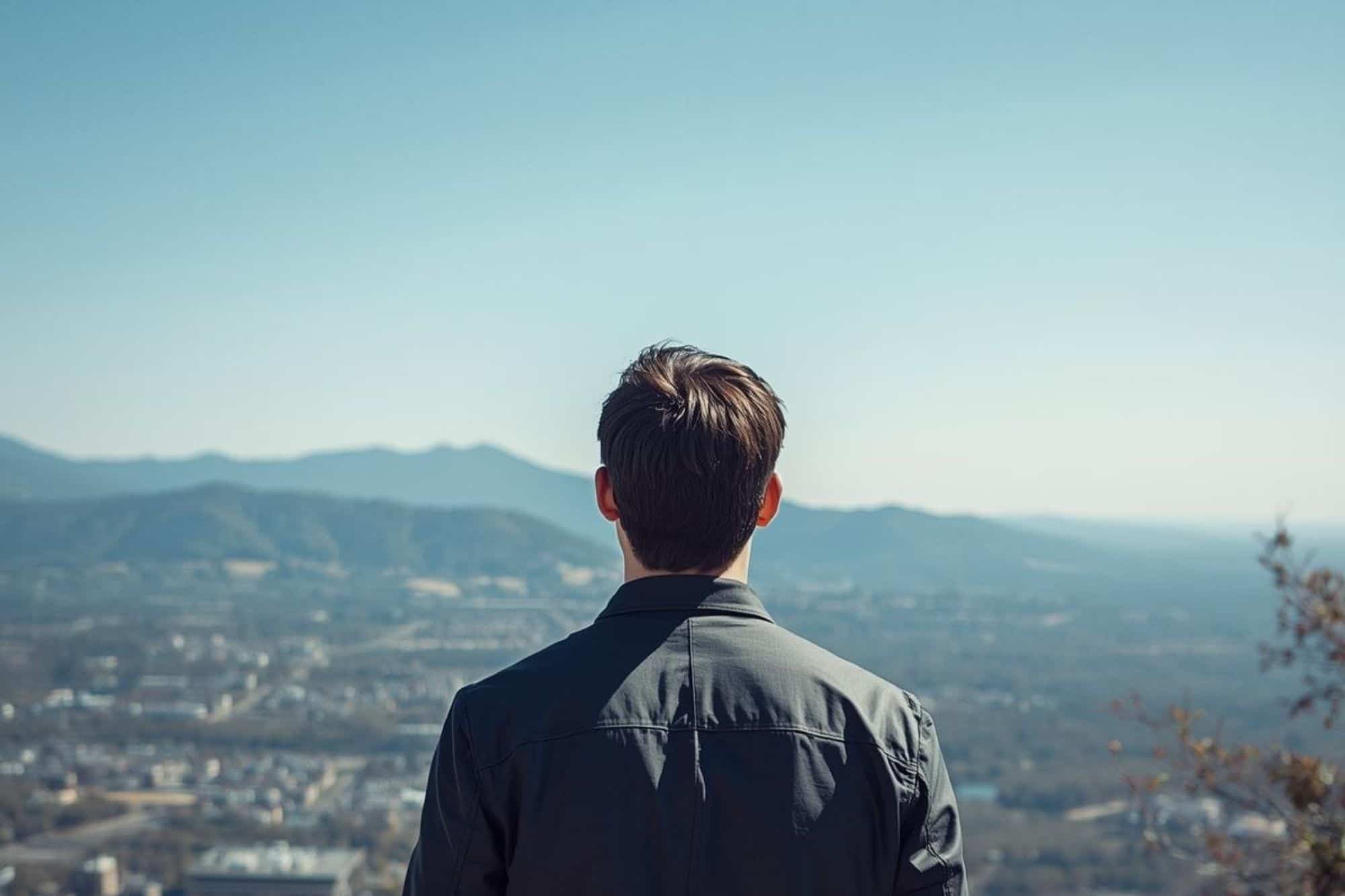 A man standing on a balcony overlooking a city skyline, representing the modern integrated man who balances leadership with independence.