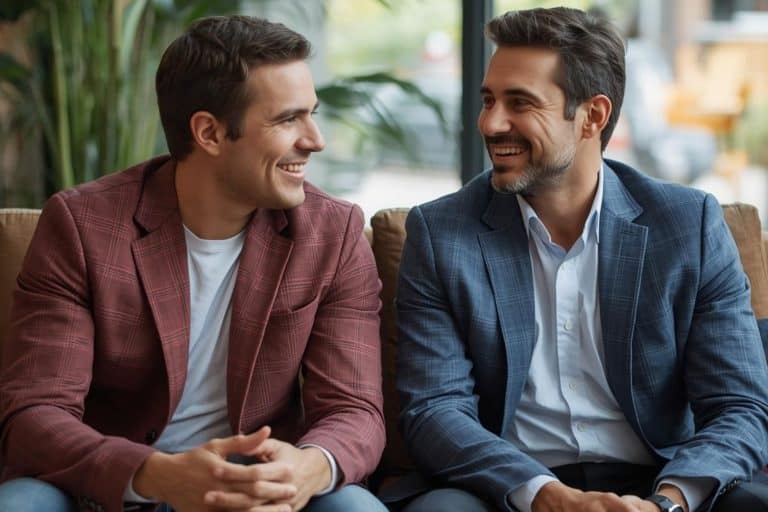 Two men engaged in a relaxed conversation. One looks a bit more reserved (Sigma), while the other looks more socially integrated (Zeta).