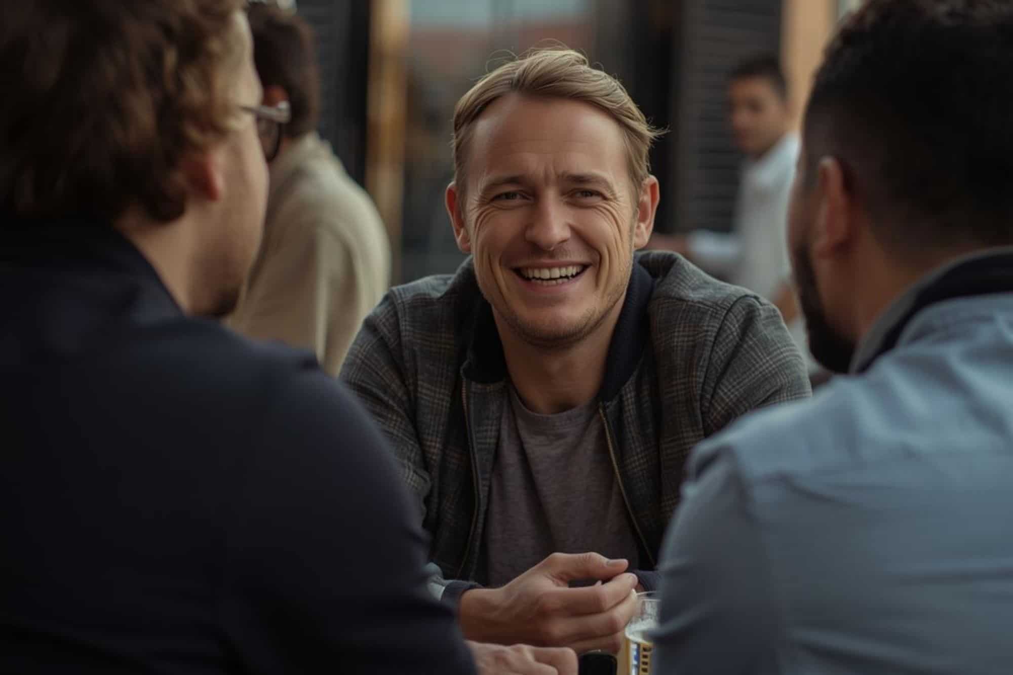 A man comfortably engaging in a social conversation with friends, illustrating the integrated social skills and emotional maturity of the zeta male.