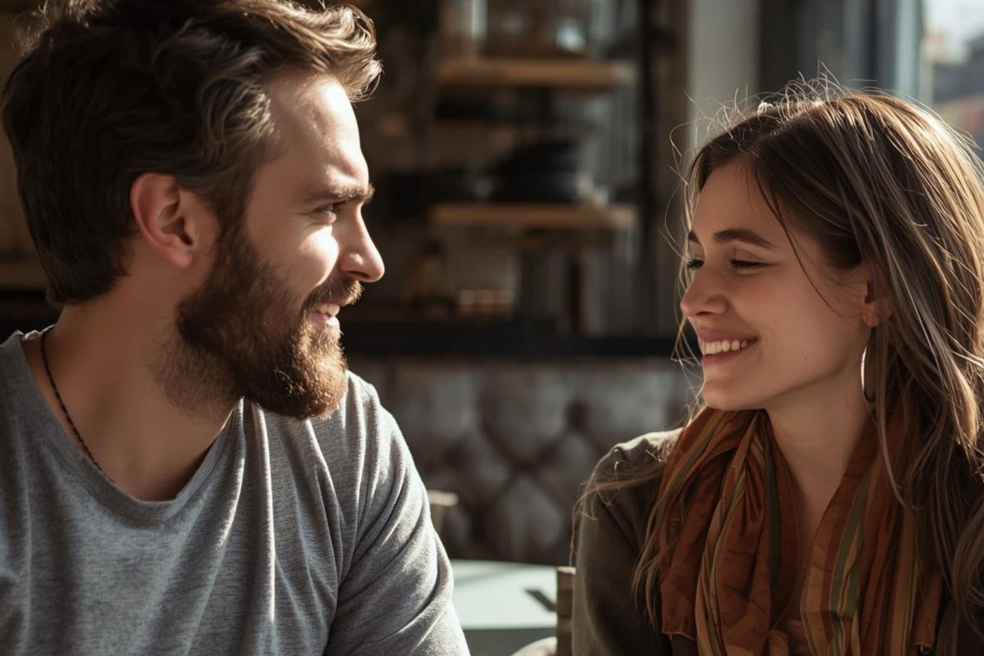 A man and woman sharing a deep, focused conversation, highlighting the emotional intelligence and clear communication found in zeta male relationships.