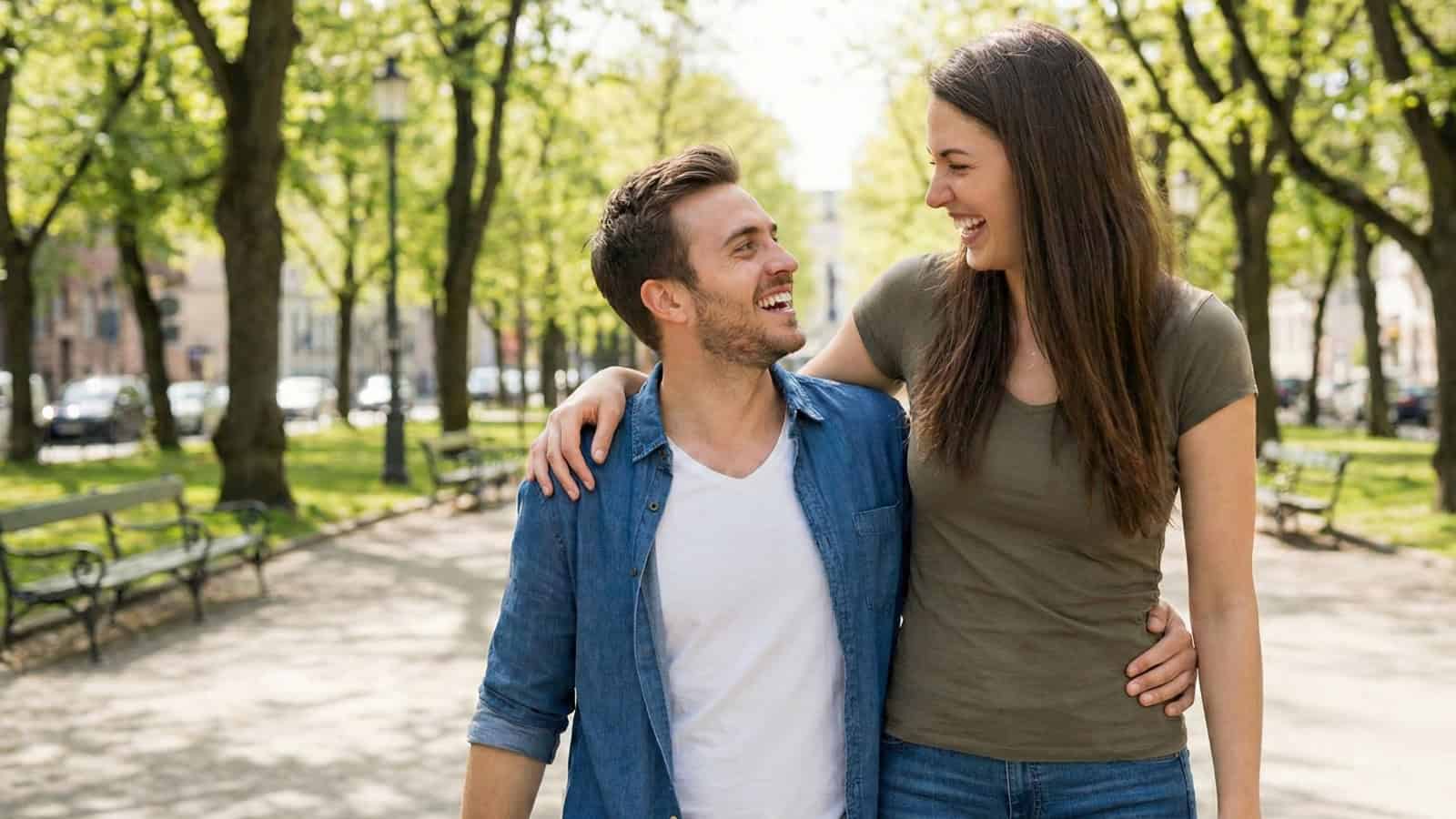 A taller woman and a shorter man walking together confidently in a public park, showing a relaxed relationship dynamic.
