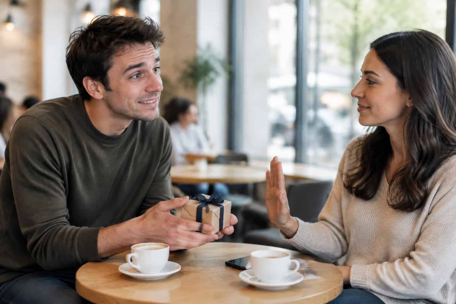 A man offers a small gift to a woman at a café as she gently sets a boundary.