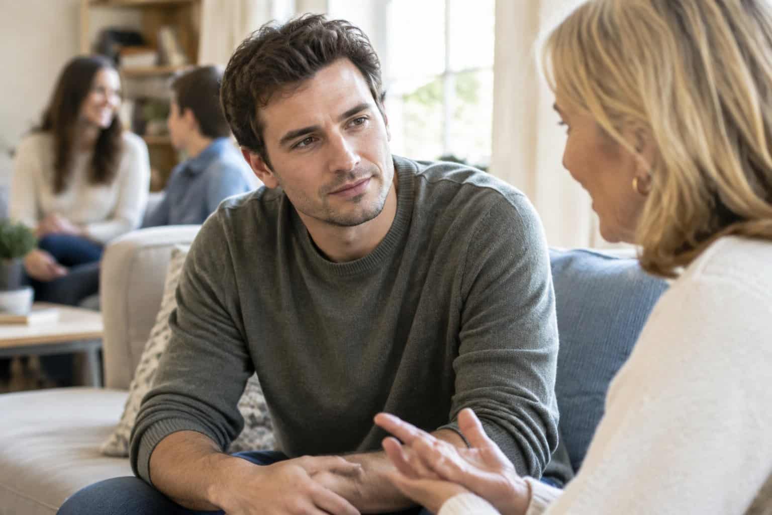 A young man sits listening to a family member in a living room.